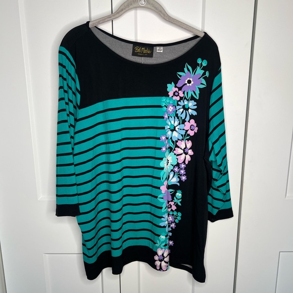 Bob Mackie Wearable Art NWT Stripe Floral Jersey Blouse Top Women’s Plus Size 2X - Picture 1 of 5